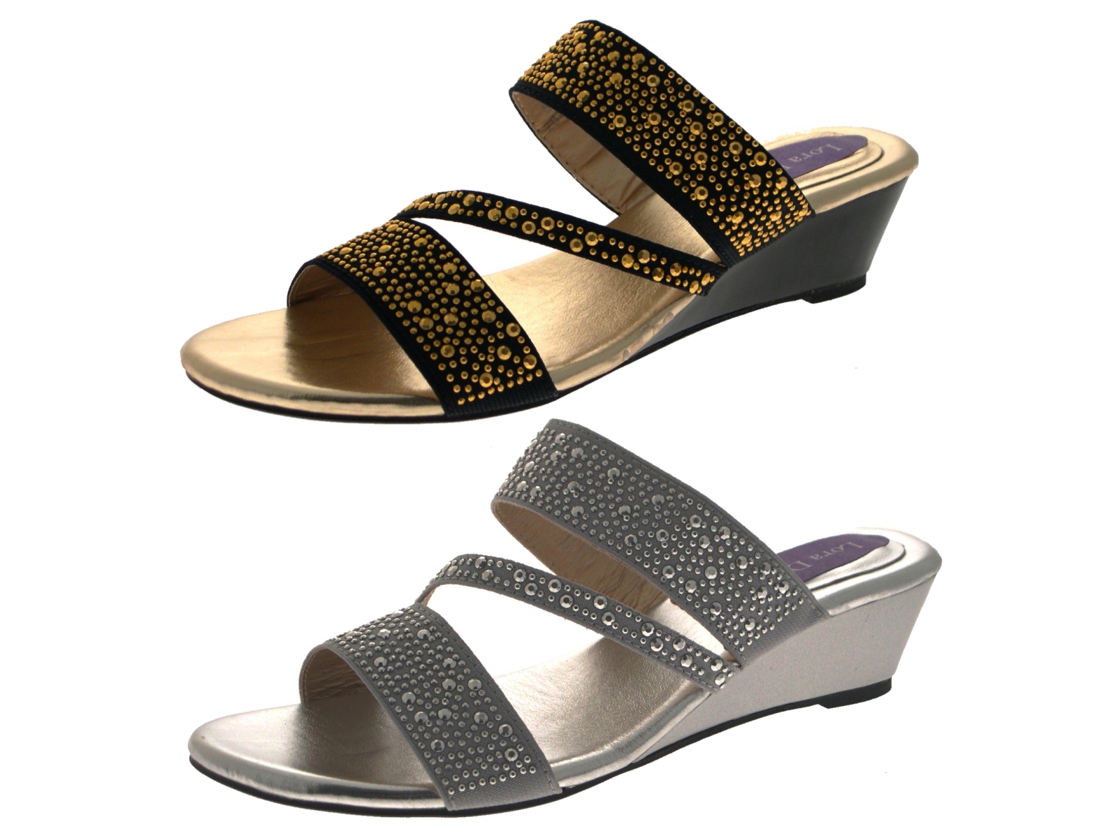 Womens Low Wedge Strappy Studded Jewel Sandals Ladies Mules Shoes Size